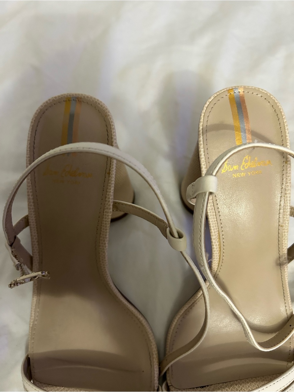 Sam Edelman Strappy Heeled Sandals in Beige and Gold Accent